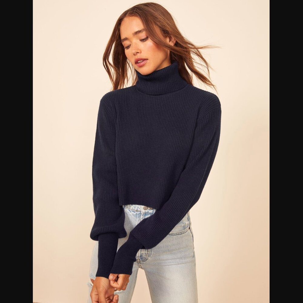 Reformation Luisa Cropped Cashmere Turtleneck Sweater Navy S